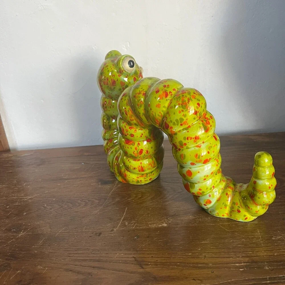 VTG 11” MCM Speckle Ceramic Garden Worm Caterpillar Statue Art Pottery Decor 70s